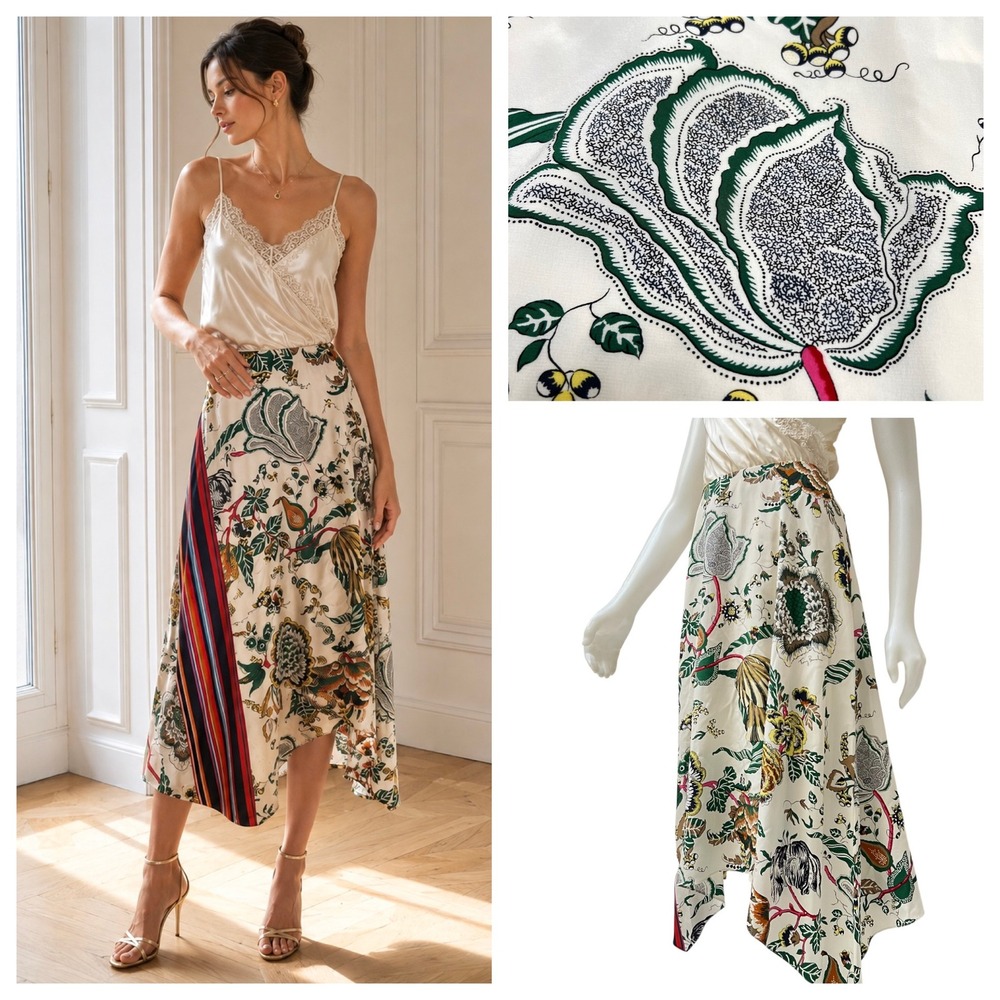 Tory Burch Marie Silk Skirt  Floral Asymmetrical Handkerchief Midi Size 12 New